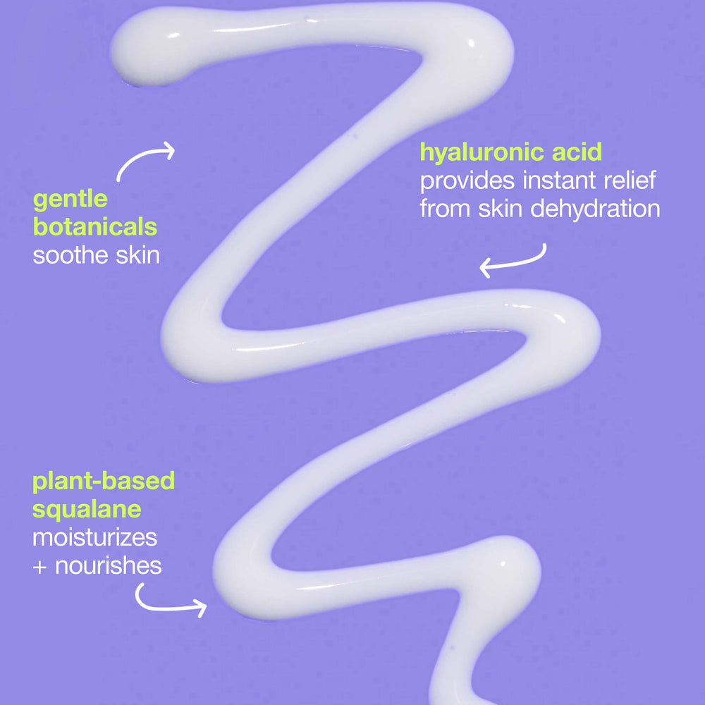 hydrating lotion being squeezed onto a purple background with text about hyaluronic acid and plant-based squalane.