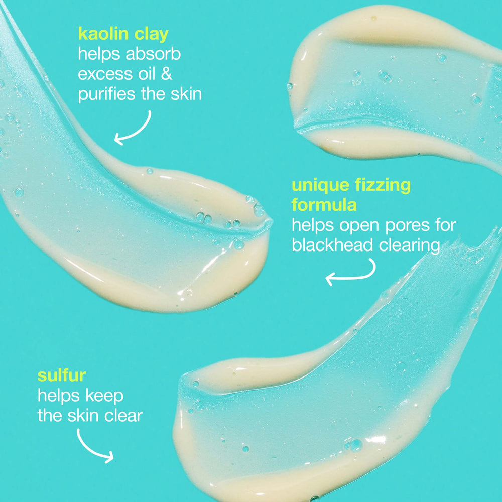 Close-up of blackhead clearing fizz mask product with text on a blue background