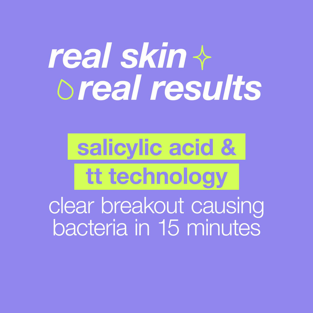 Promotional text on a purple background with 'real skin real results' and product features.