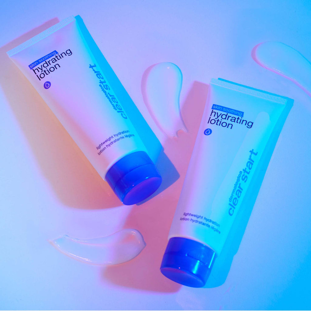 Two tubes of 'Clear Start' hydrating lotion on a gradient background