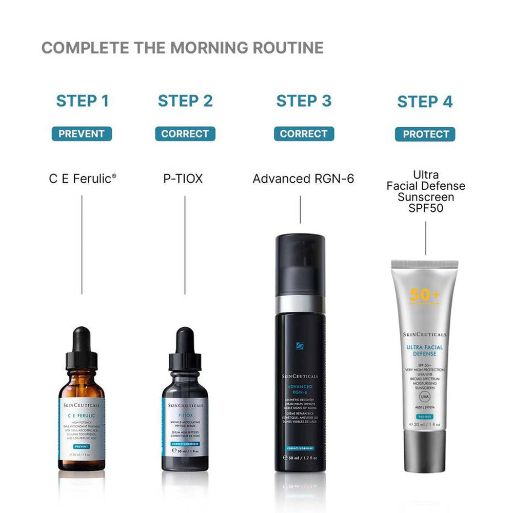 Skincare product lineup with step-by-step instructions on a white background