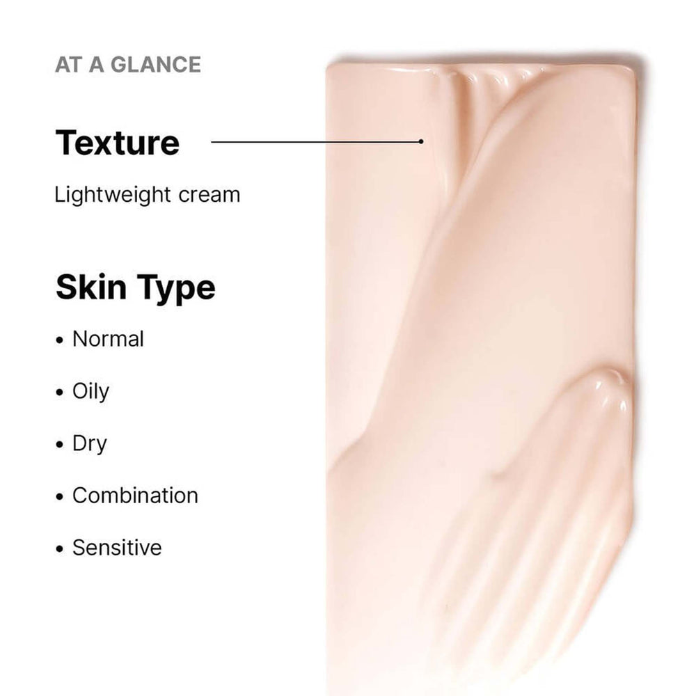 Lightweight cream texture swatch with skin type compatibility information on a white background