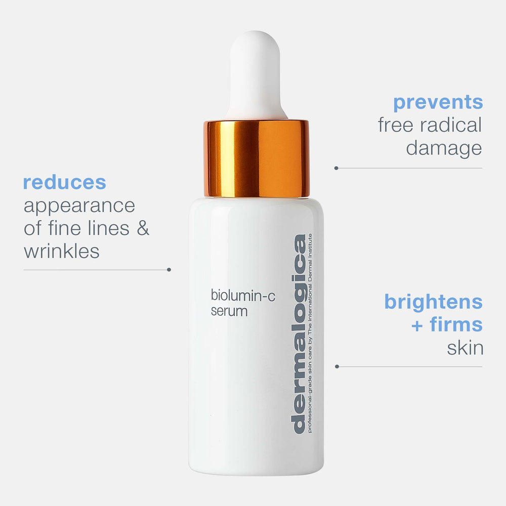 Dermalogica biolumin-c serum bottle with text highlighting benefits on a white background