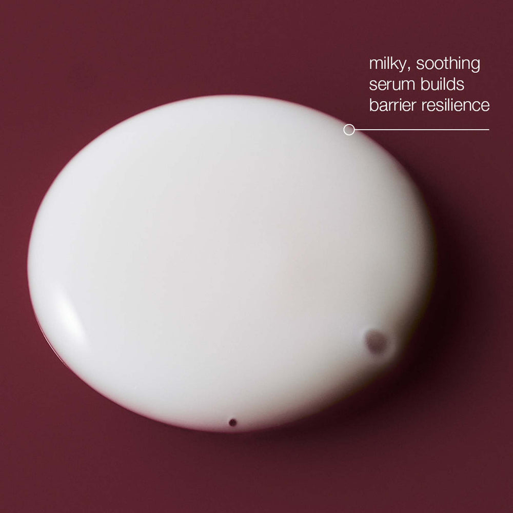 Milky serum droplet on a red background with text about building barrier resilience.