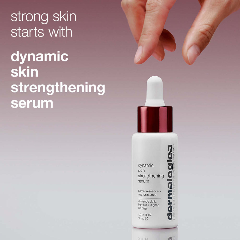 Dermalogica dynamic skin strengthening serum with a hand holding the dropper on a gradient background.