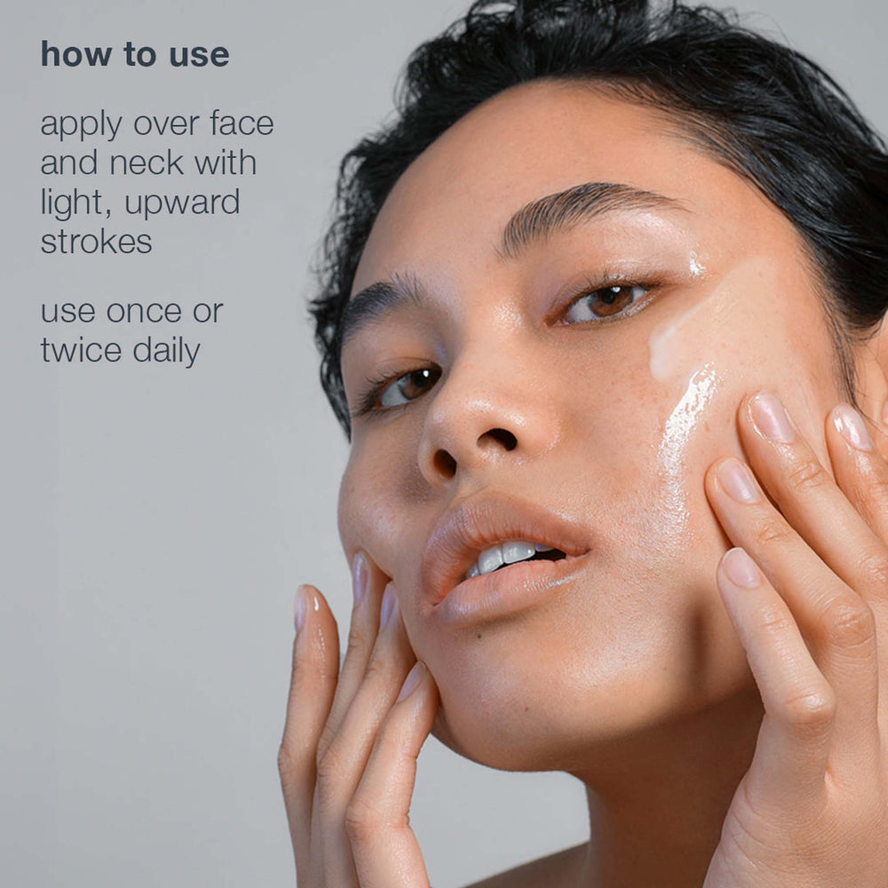Woman applying cream to her face with text on how to use it.