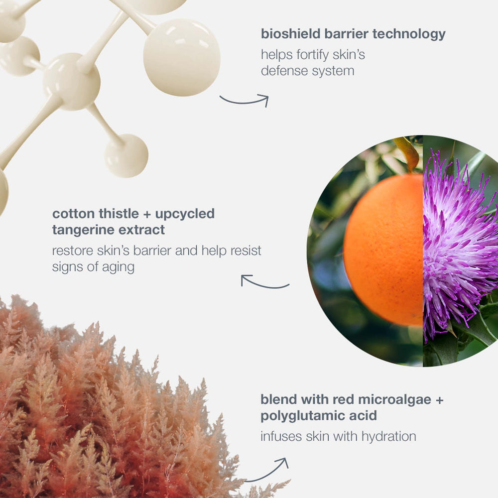 Cosmetic product description with bioshield barrier technology, cotton thistle, upcycled tangerine extract, red microalgae, and polyglutamic acid.
