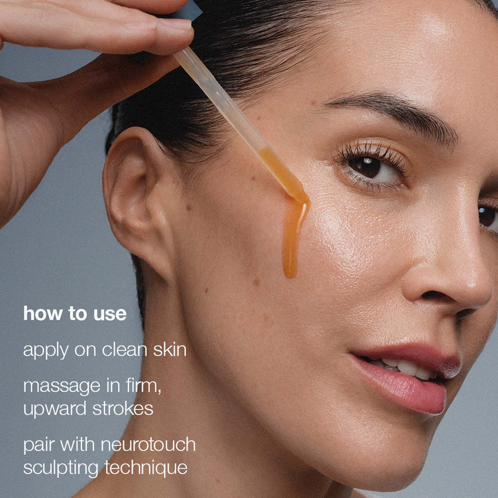 Woman applying a skincare product with text on how to use it.