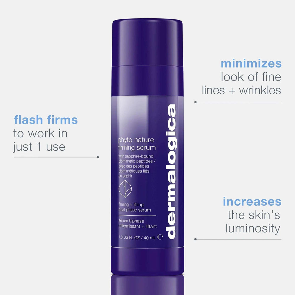 Dermalogica phyto nature firming serum with text highlighting its benefits on a white background