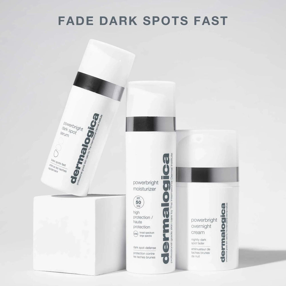 Dermalogica powerbright products on a light gray background with 'Fade Dark Spots Fast' text.