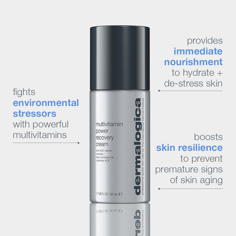 Dermalogica multivitamin power recovery cream bottle with text on a light gray background