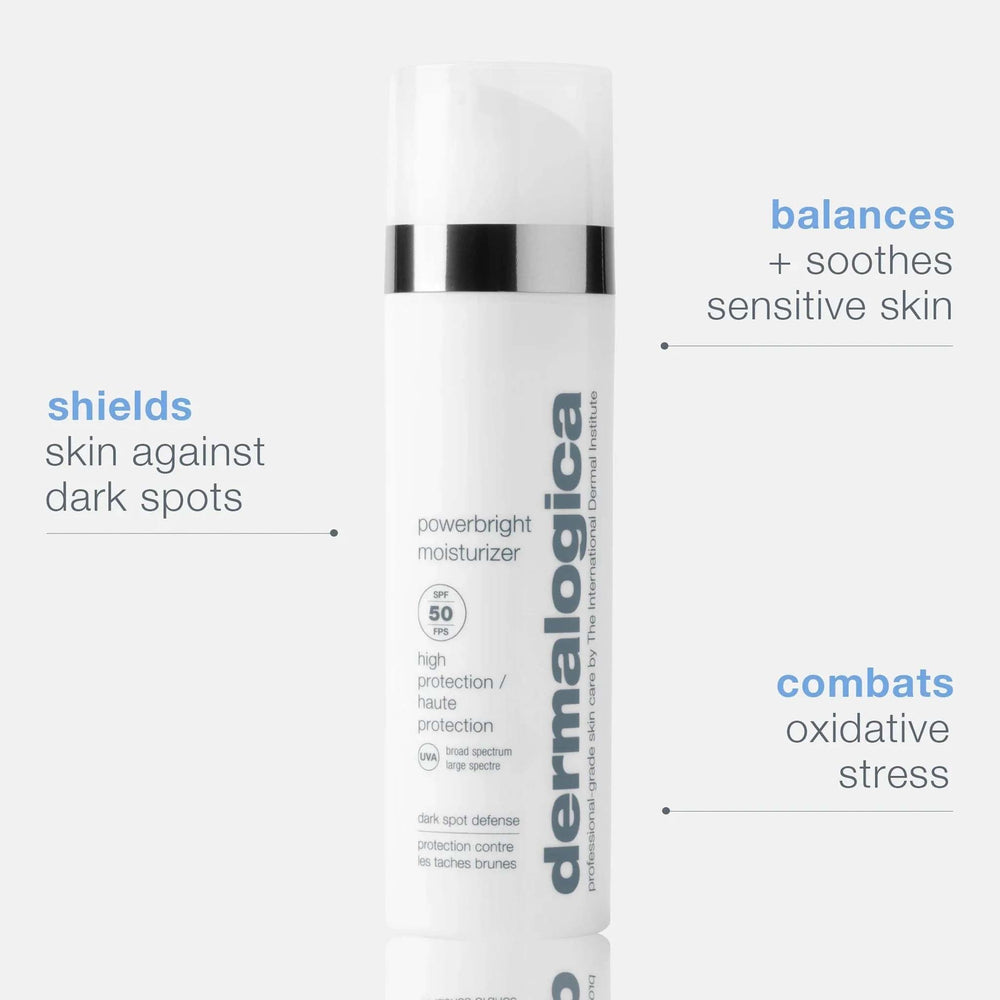 Dermalogica powerbright moisturizer bottle with text highlighting product benefits on a white background