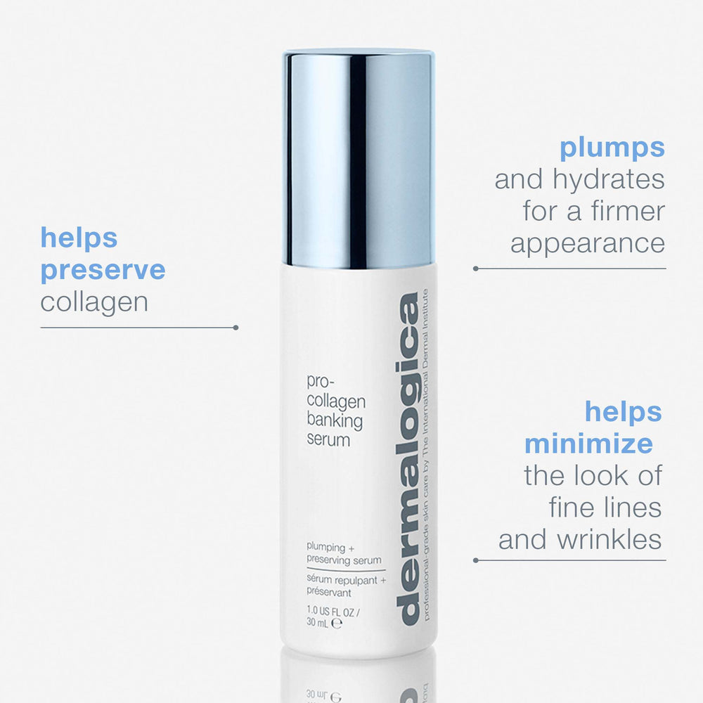 dermalogica pro-collagen banking serum bottle with text highlighting benefits on a white background